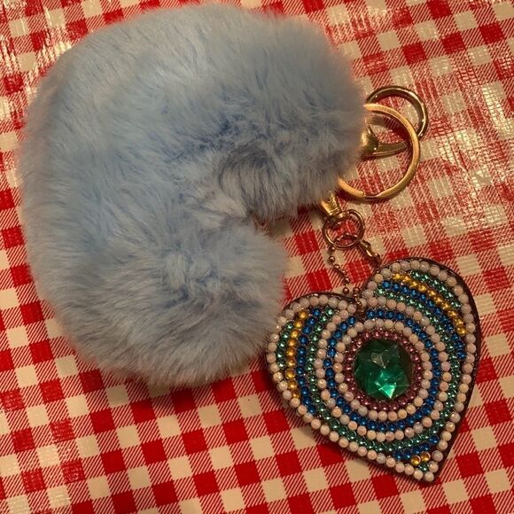 Diamond Art Keychain/Purse Charm Heart with Puff Ball - Picture 1 of 4
